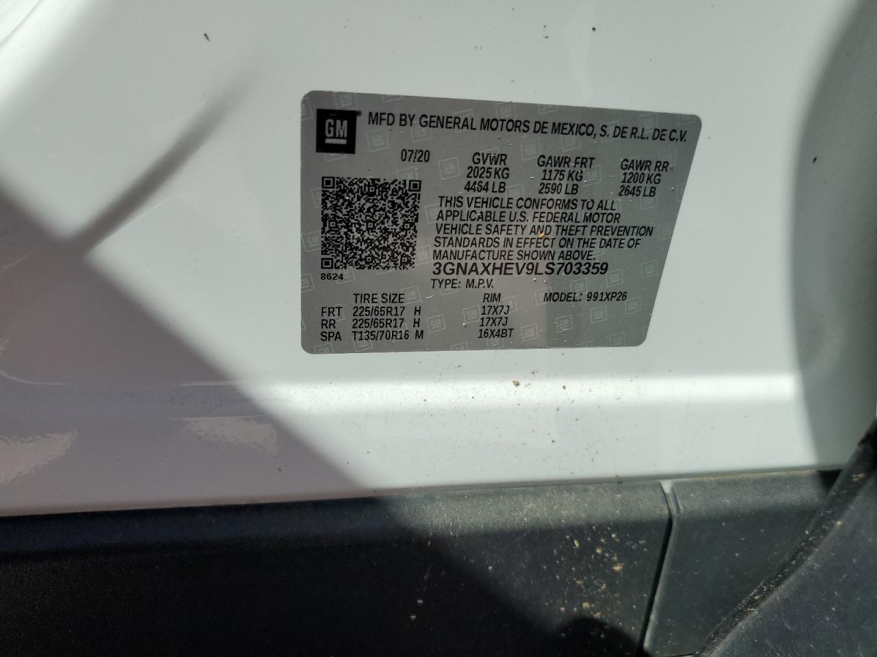 2020 Chevrolet Equinox Ls VIN: 3GNAXHEV9LS703359 Lot: 84446825