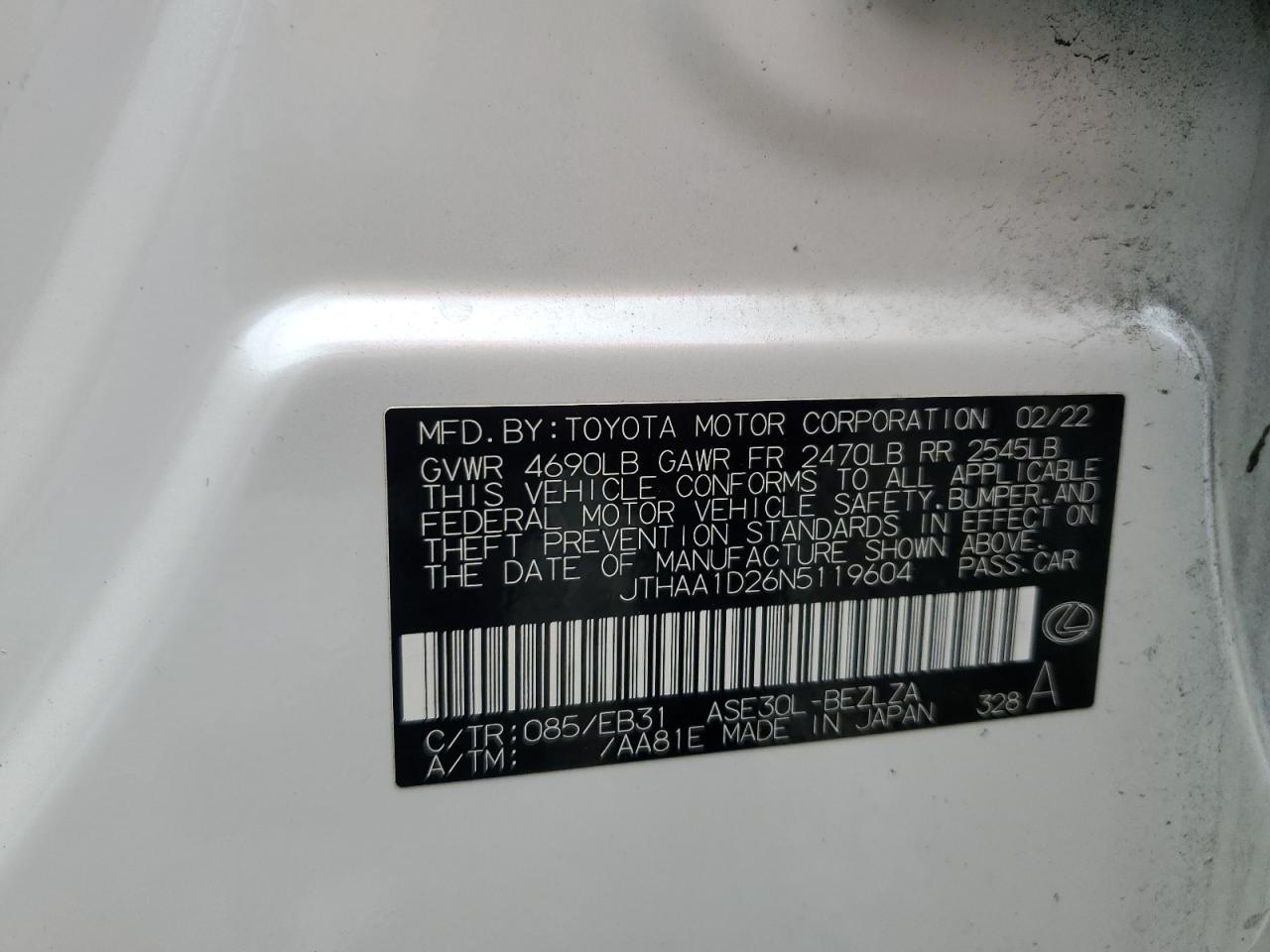 2022 Lexus Is 300 VIN: JTHAA1D26N5119604 Lot: 82140075