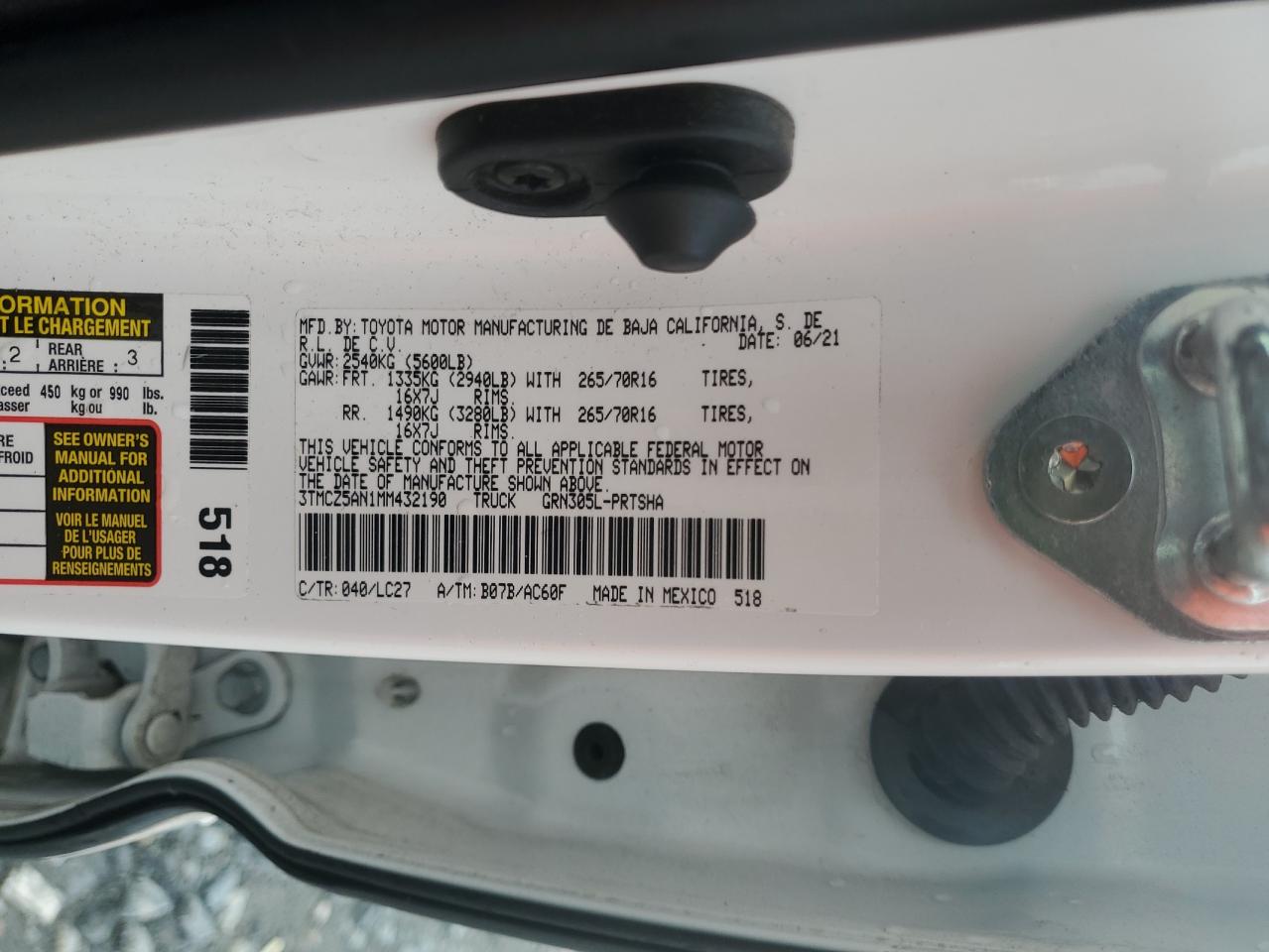 2021 Toyota Tacoma Double Cab VIN: 3TMCZ5AN1MM432190 Lot: 84175875