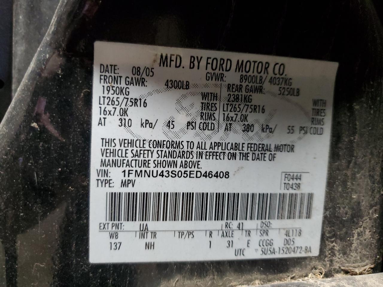 2005 Ford Excursion Limited VIN: 1FMNU43S05ED46408 Lot: 82050705