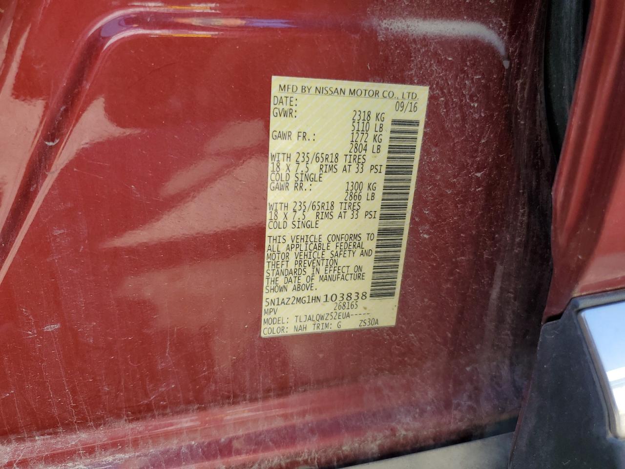 2017 Nissan Murano S VIN: 5N1AZ2MG1HN103838 Lot: 81471055