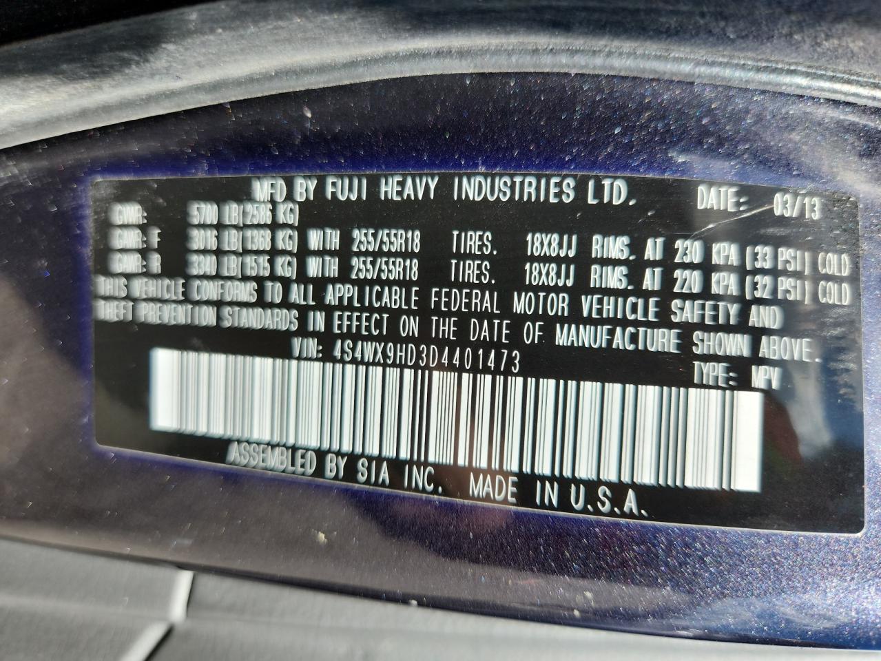 2013 Subaru Tribeca Limited VIN: 4S4WX9HD3D4401473 Lot: 80187515