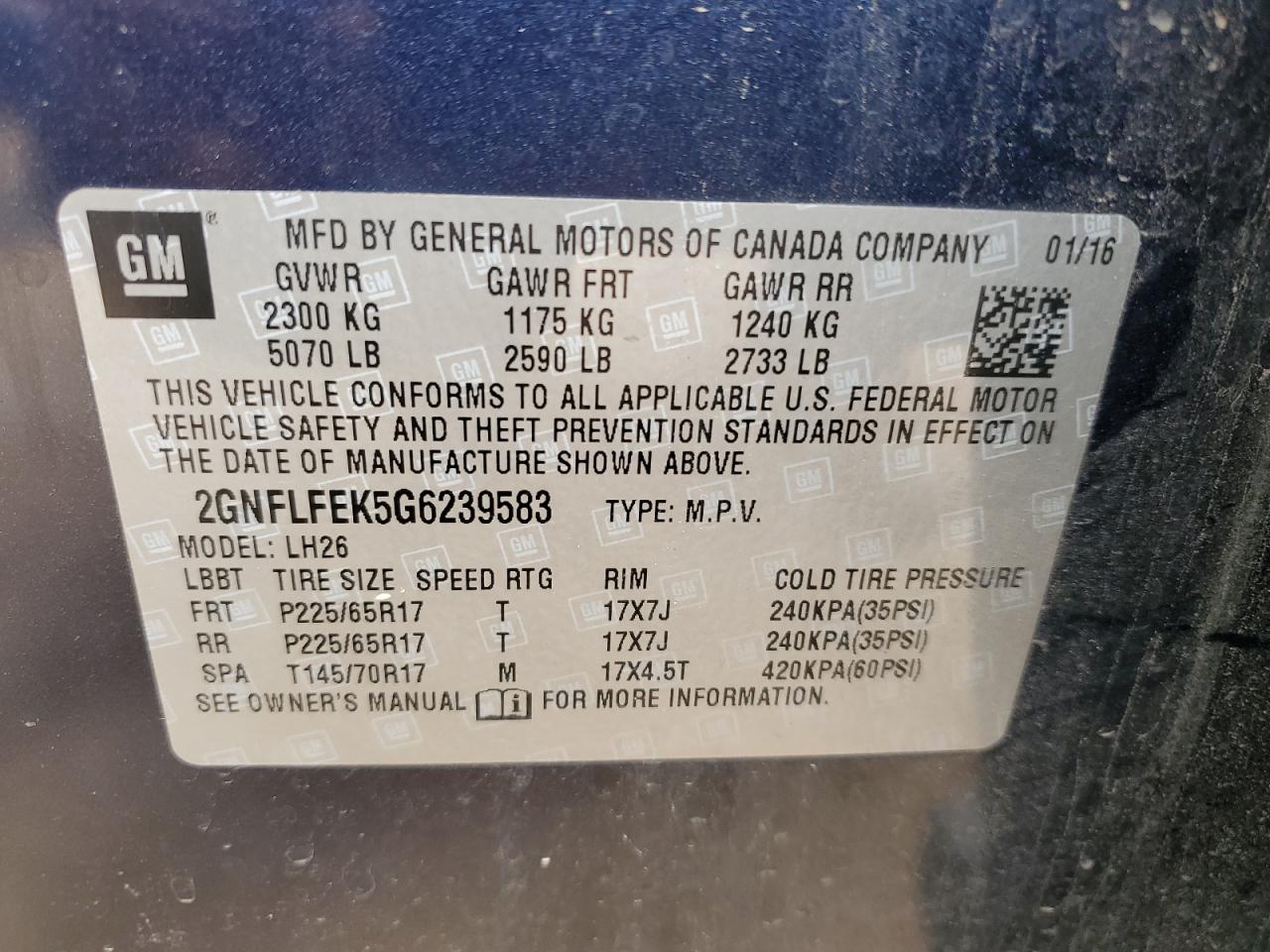 2016 Chevrolet Equinox Lt VIN: 2GNFLFEK5G6239583 Lot: 81814665