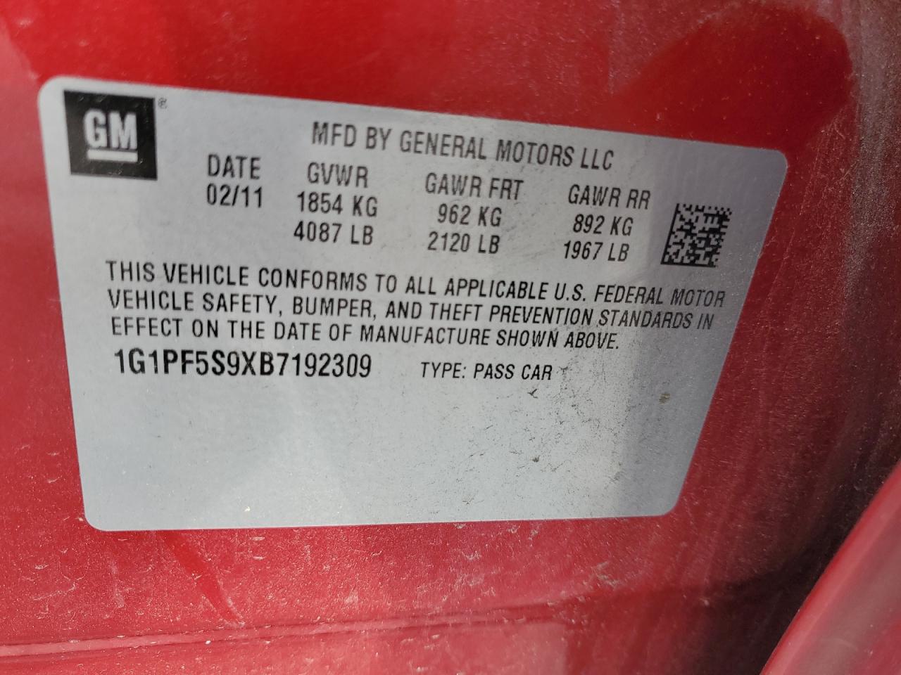 2011 Chevrolet Cruze Lt VIN: 1G1PF5S9XB7192309 Lot: 82143205