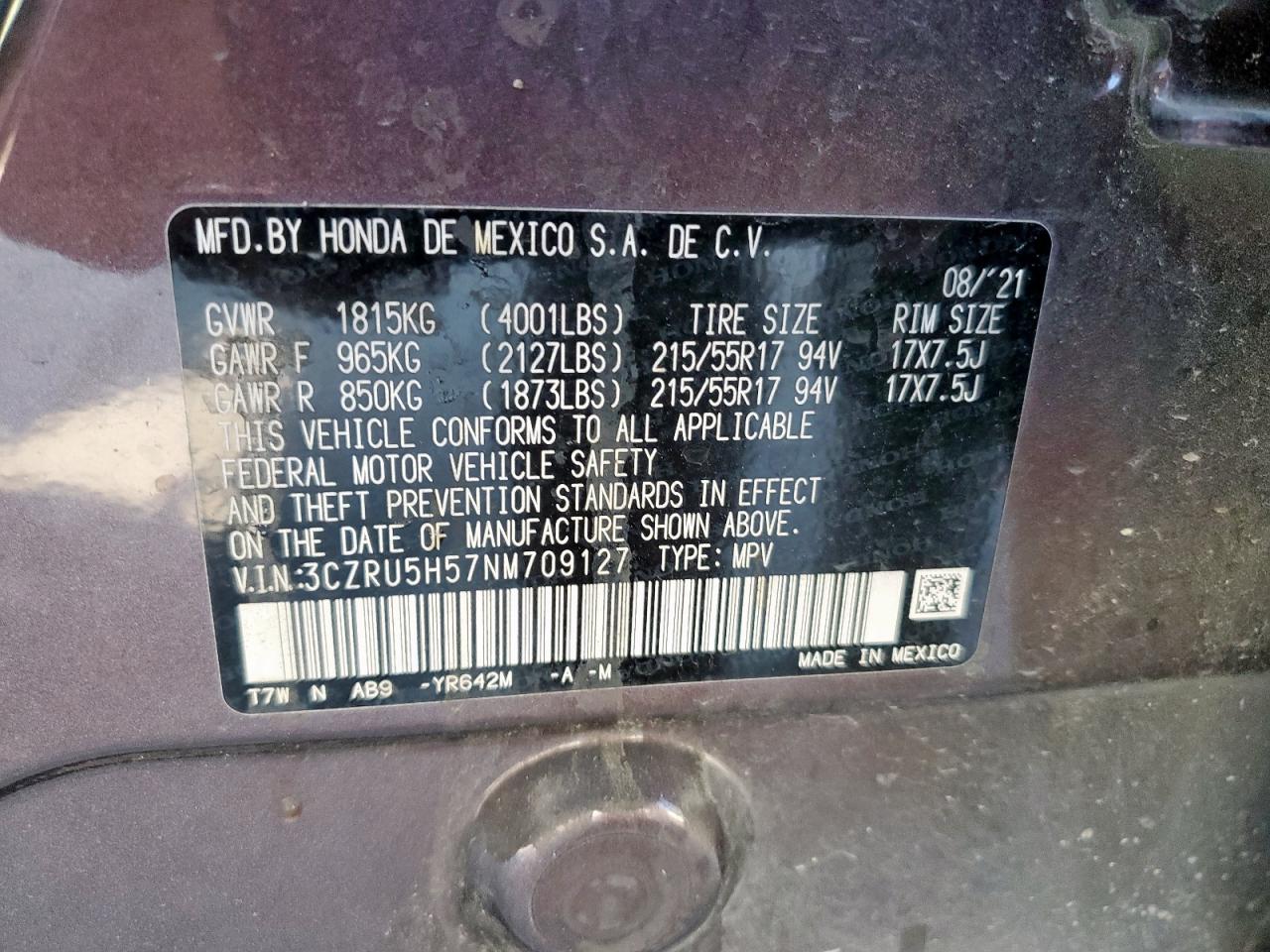 2022 Honda Hr-V Ex VIN: 3CZRU5H57NM709127 Lot: 71292265