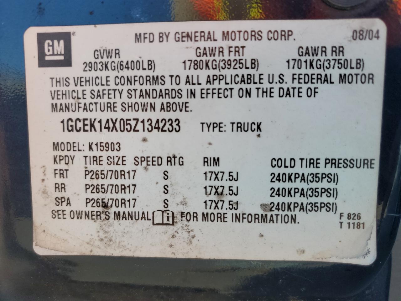 2005 Chevrolet Silverado K1500 VIN: 1GCEK14X05Z134233 Lot: 81896795