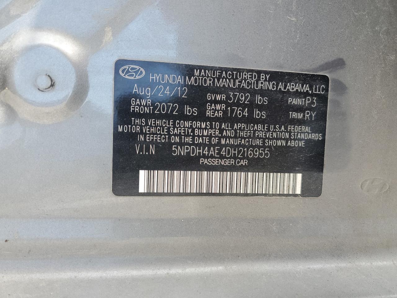 2013 Hyundai Elantra Gls VIN: 5NPDH4AE4DH216955 Lot: 80035205