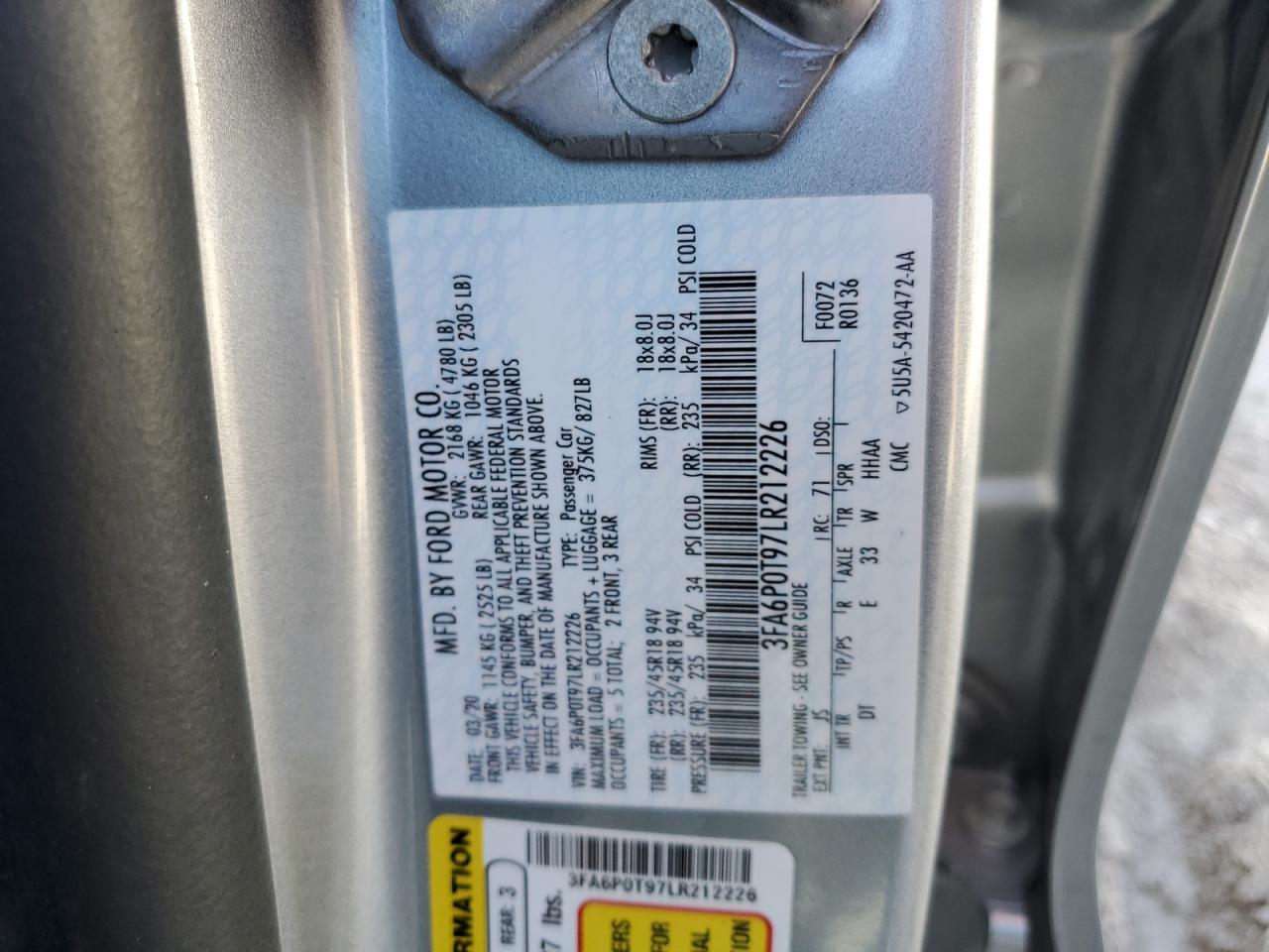 2020 Ford Fusion Se VIN: 3FA6P0T97LR212226 Lot: 84047395