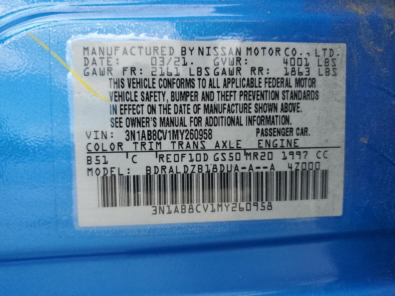 2021 Nissan Sentra Sv VIN: 3N1AB8CV1MY260958 Lot: 81821325