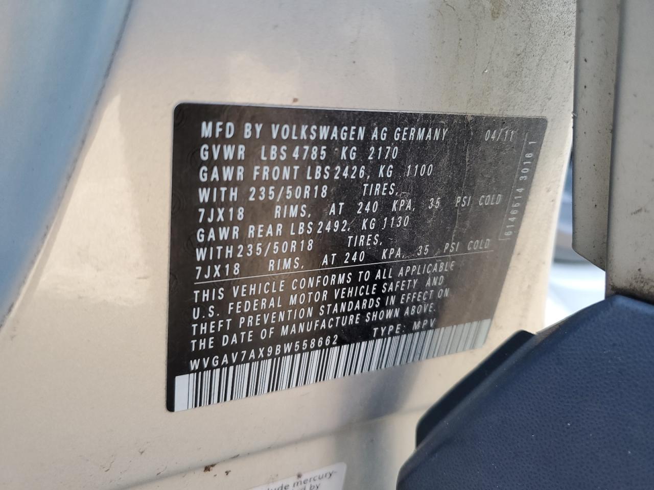 2011 Volkswagen Tiguan S VIN: WVGAV7AX9BW558662 Lot: 81022335