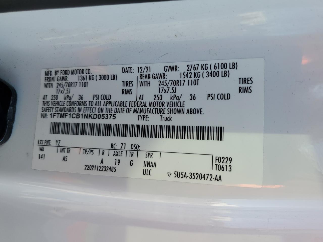2022 Ford F150 VIN: 1FTMF1CB1NKD05375 Lot: 81574035