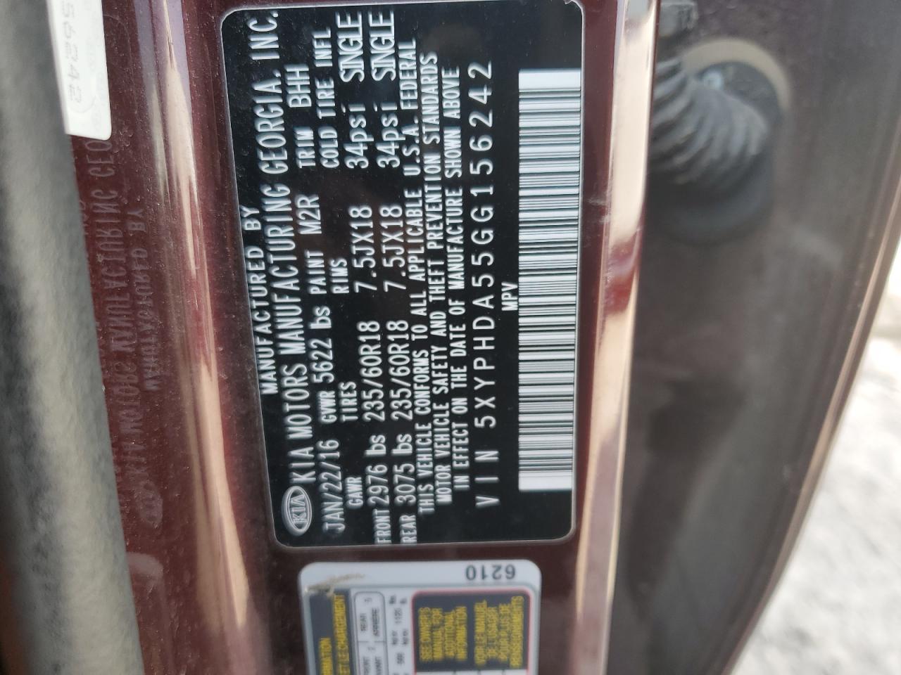 2016 Kia Sorento Ex VIN: 5XYPHDA55GG156242 Lot: 84798065