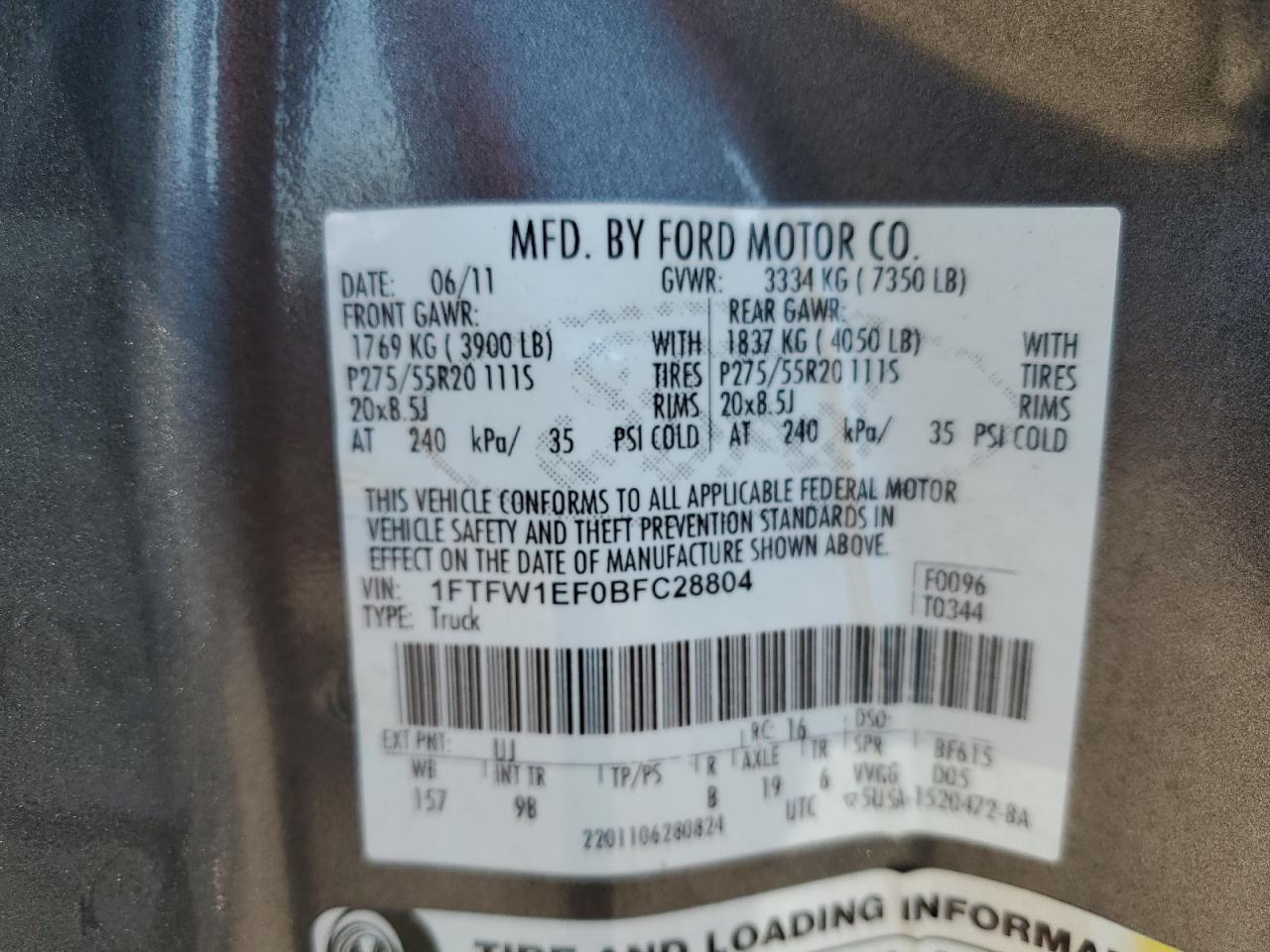 2011 Ford F150 Supercrew VIN: 1FTFW1EF0BFC28804 Lot: 71457755