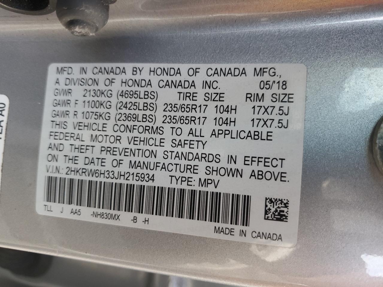 2018 Honda Cr-V Lx VIN: 2HKRW6H33JH215934 Lot: 82093115