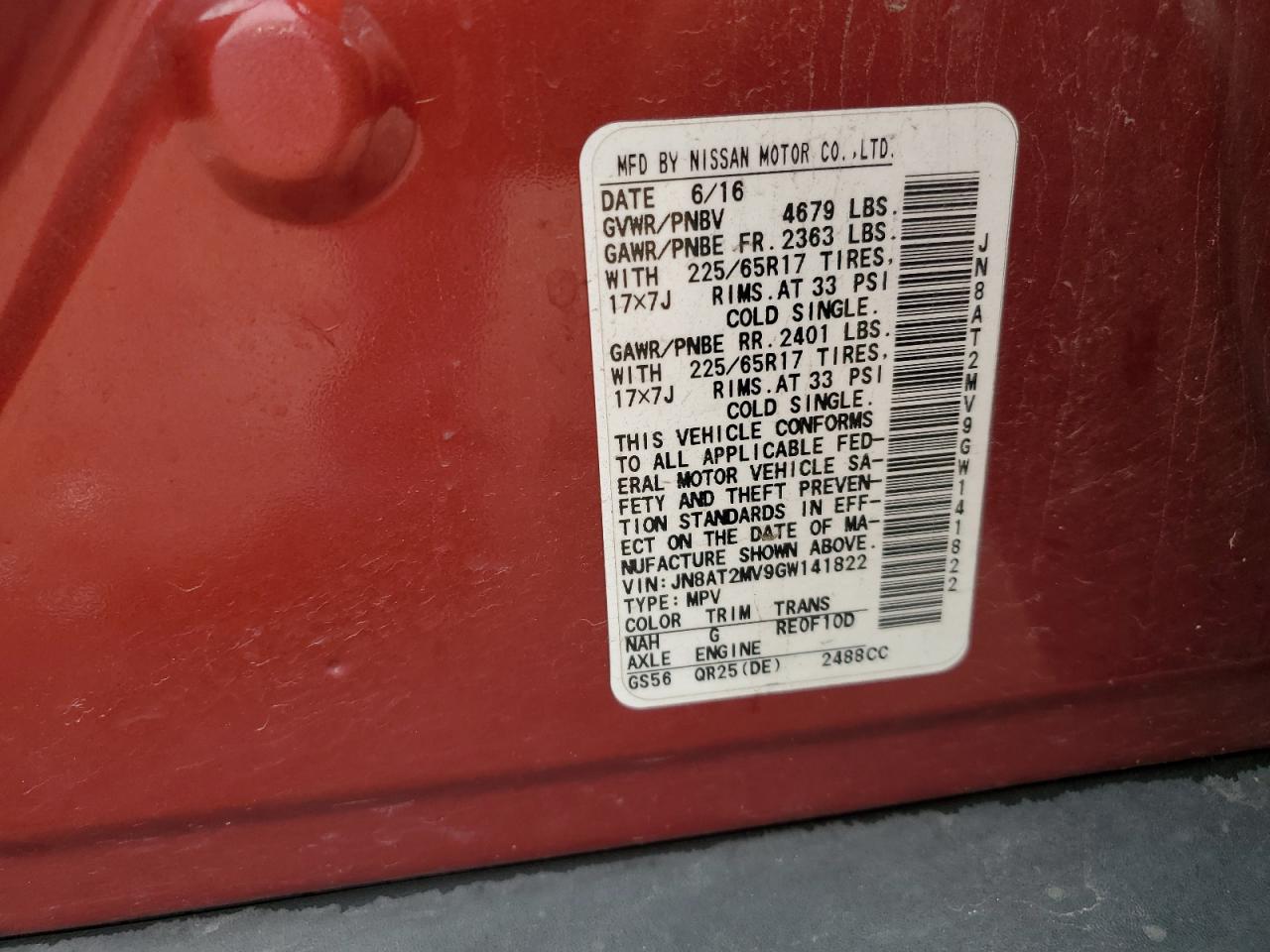 2016 Nissan Rogue S VIN: JN8AT2MV9GW141822 Lot: 81632145