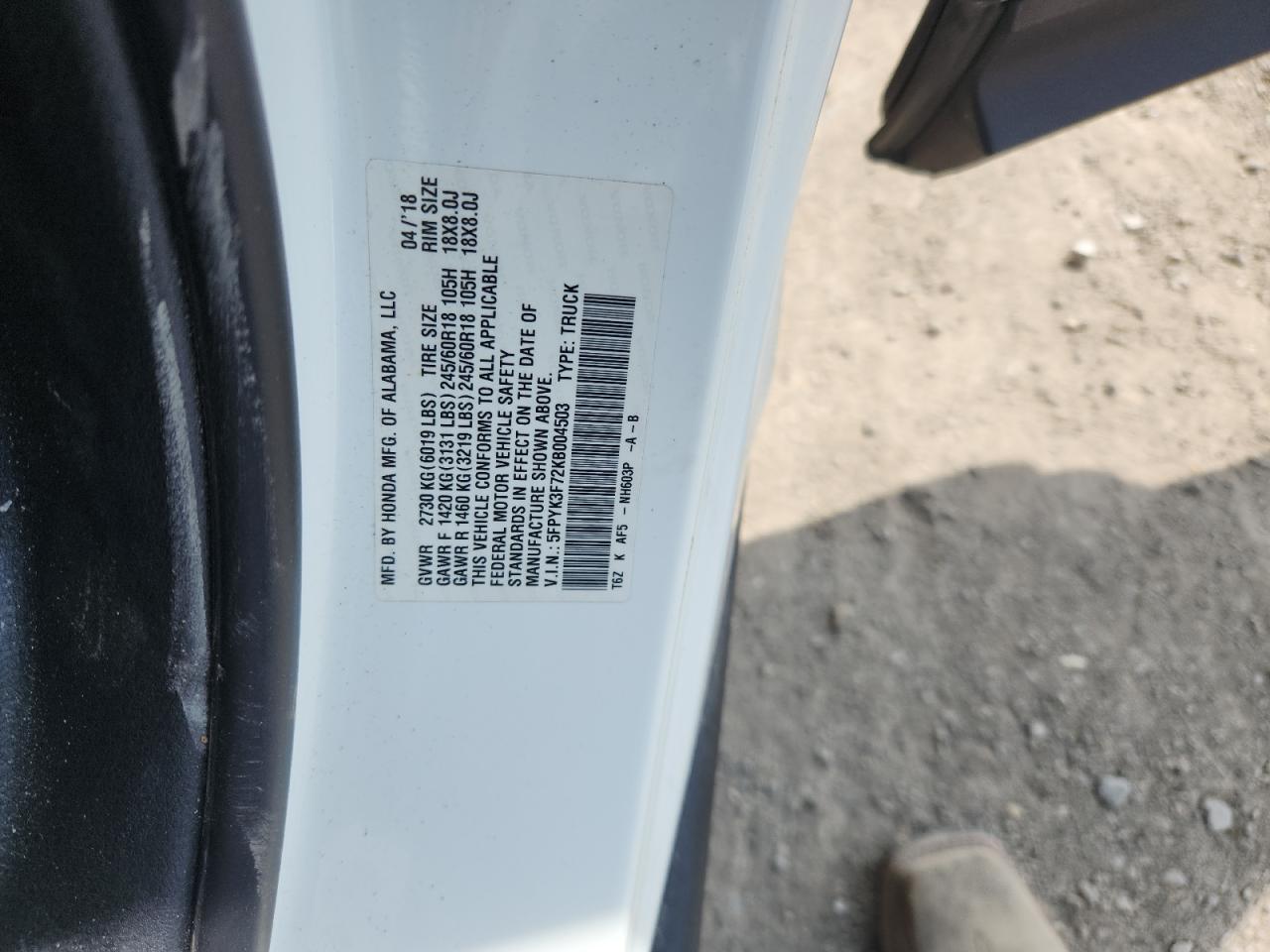 2019 Honda Ridgeline Rtl VIN: 5FPYK3F72KB004503 Lot: 71628925