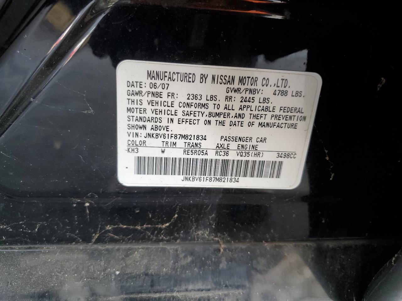 2007 Infiniti G35 VIN: JNKBV61F87M821834 Lot: 81689885