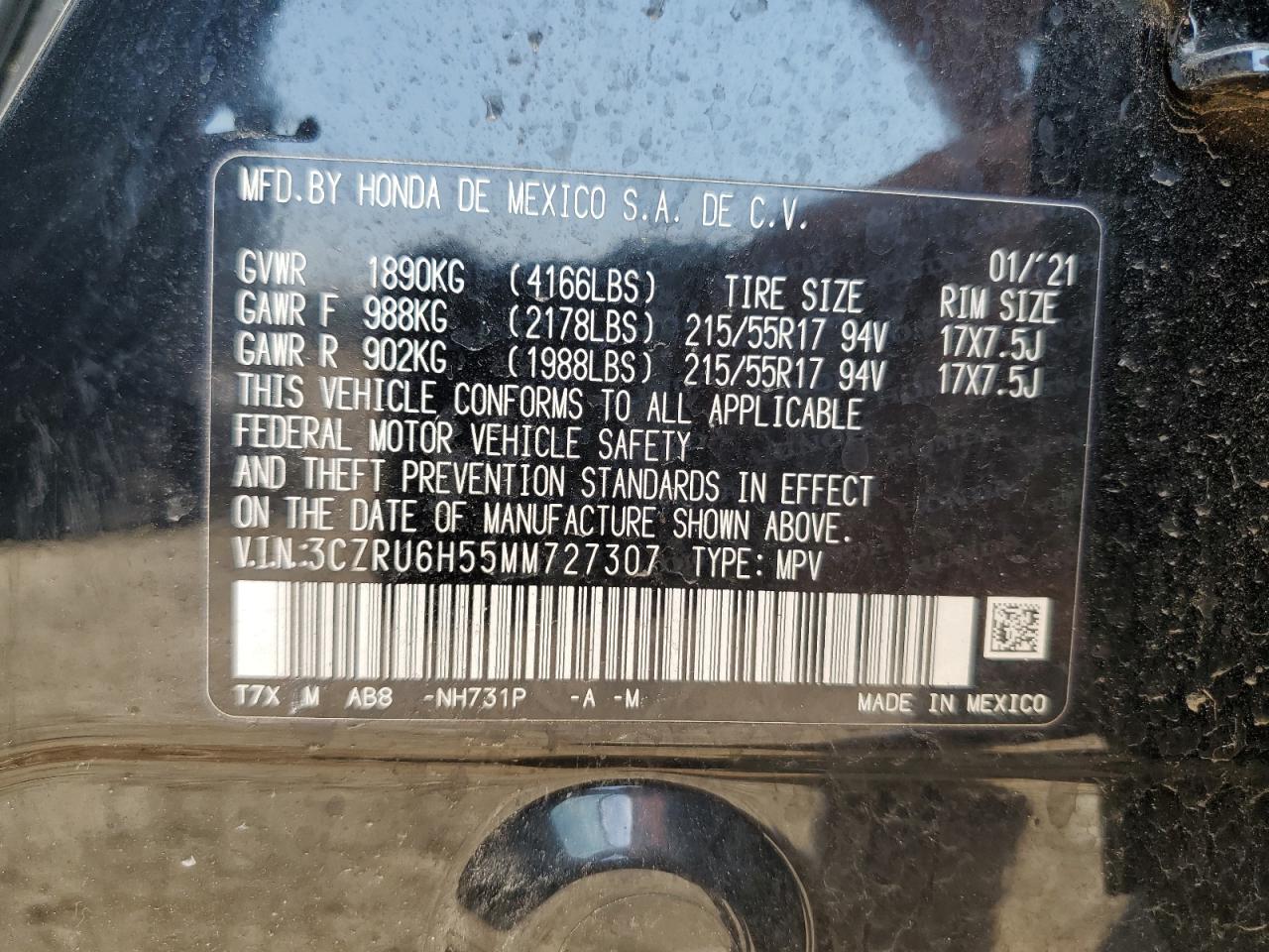 2021 Honda Hr-V Ex VIN: 3CZRU6H55MM727307 Lot: 80099945