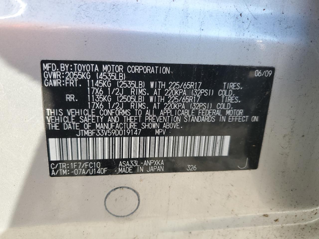 2009 Toyota Rav4 VIN: JTMBF33V59D019147 Lot: 81118935
