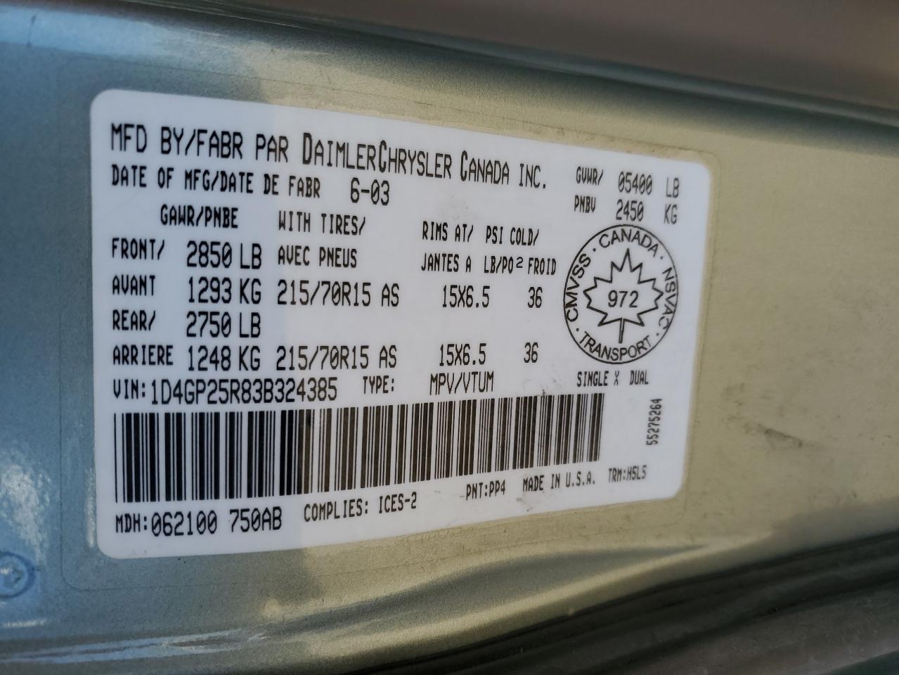 2003 Dodge Caravan Se VIN: 1D4GP25R83B324385 Lot: 70917775