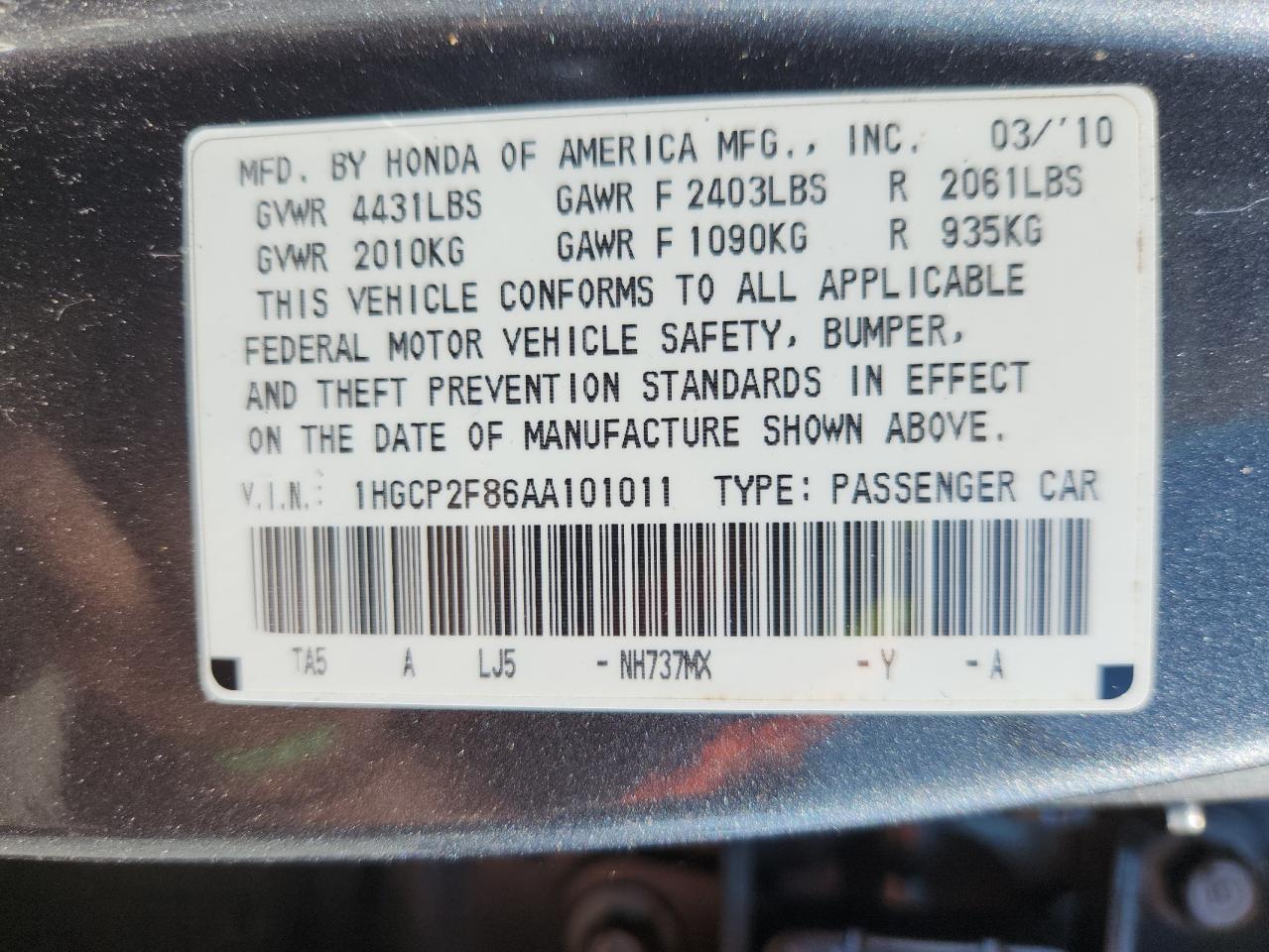 2010 Honda Accord Exl VIN: 1HGCP2F86AA101011 Lot: 80143235