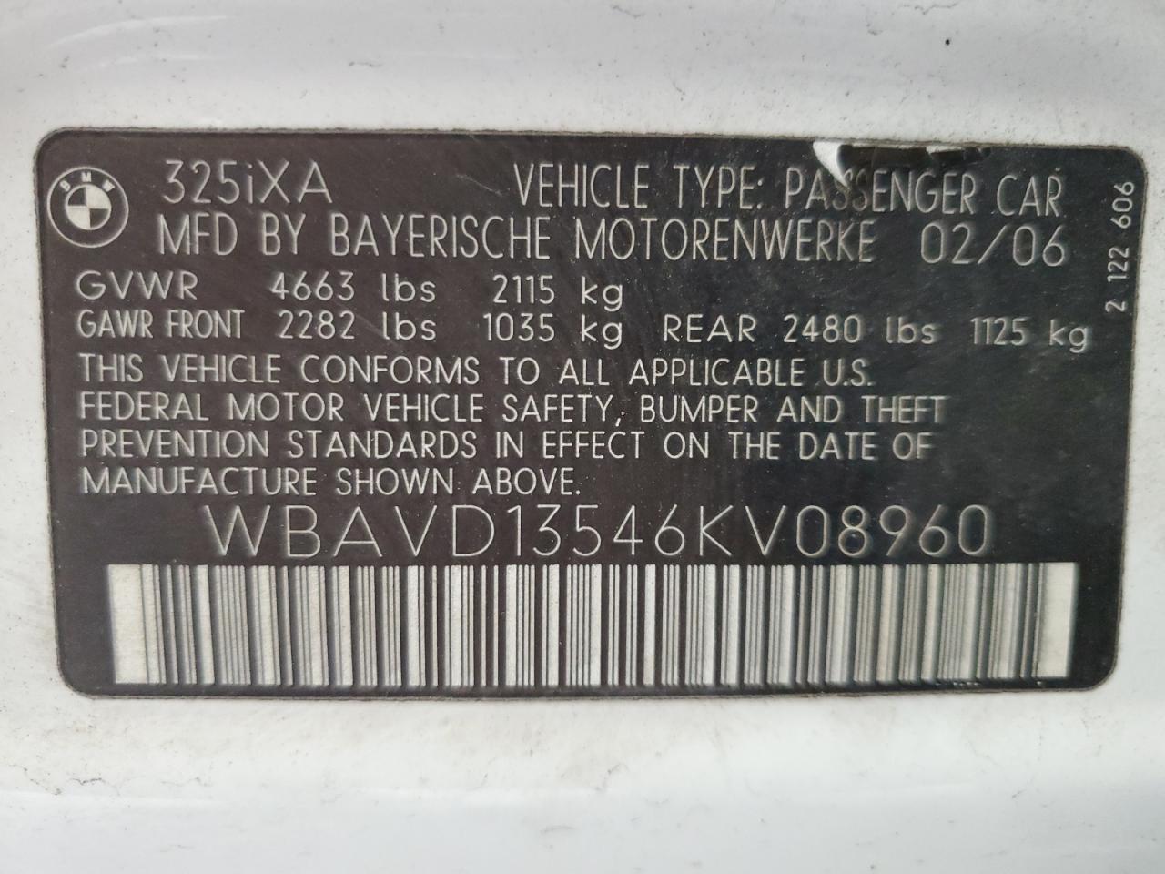 2006 BMW 325 Xi VIN: WBAVD13546KV08960 Lot: 81710605