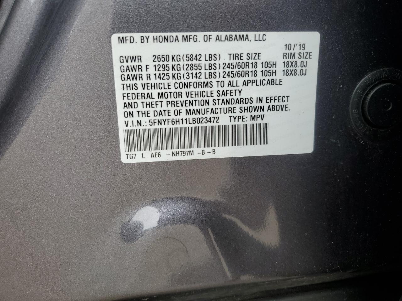 2020 Honda Pilot Lx VIN: 5FNYF6H11LB023472 Lot: 81771435