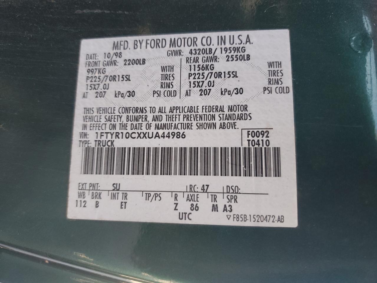 1999 Ford Ranger VIN: 1FTYR10CXXUA44986 Lot: 71054445