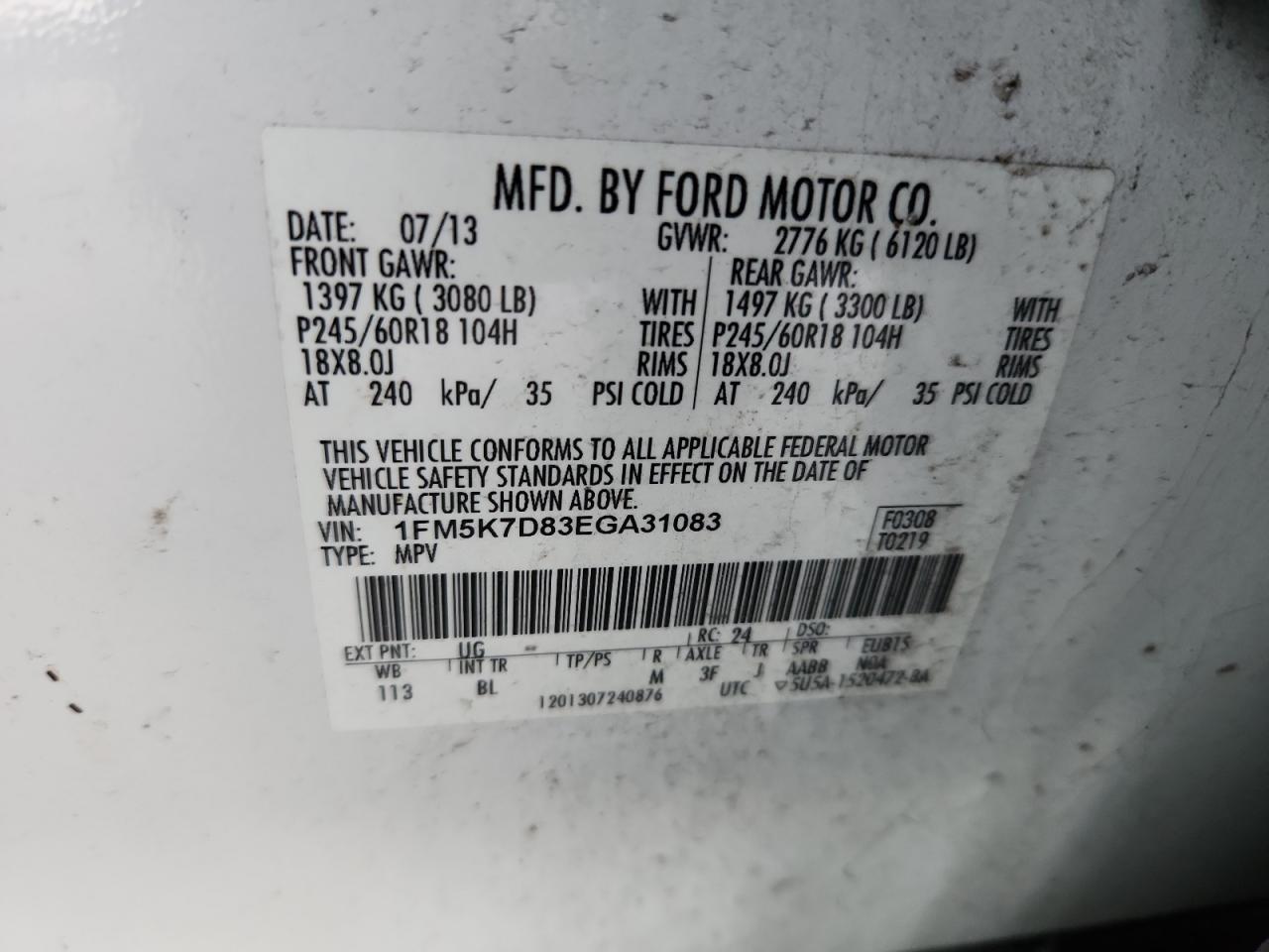 2014 Ford Explorer Xlt VIN: 1FM5K7D83EGA31083 Lot: 80442625