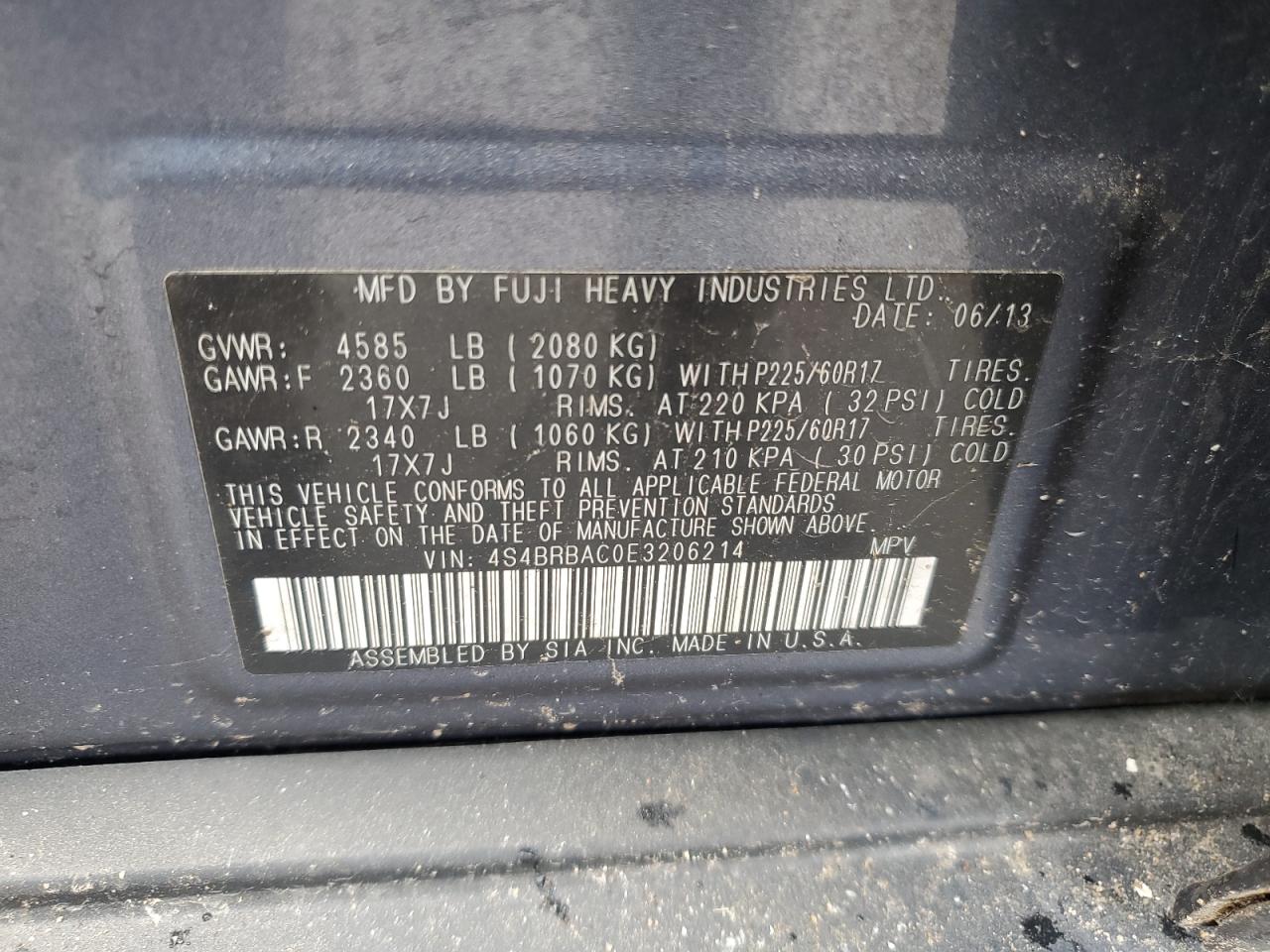 2014 Subaru Outback 2.5I VIN: 4S4BRBAC0E3206214 Lot: 81133685