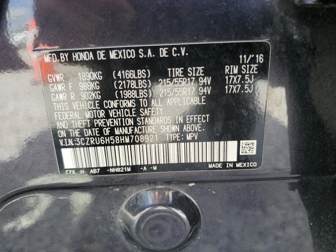 2017 Honda Hr-V Ex VIN: 3CZRU6H58HM708921 Lot: 81785725