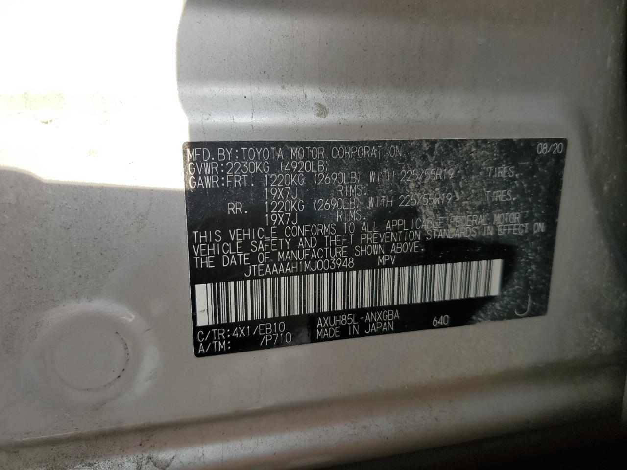 2021 Toyota Venza Le VIN: JTEAAAAH1MJ003948 Lot: 80799355