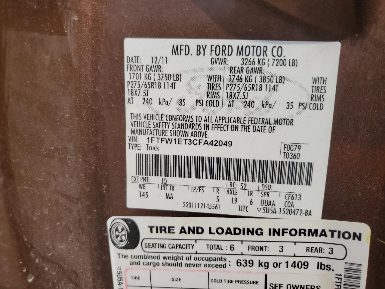 2012 Ford F150 Supercrew VIN: 1FTFW1ET3CFA42049 Lot: 81320685