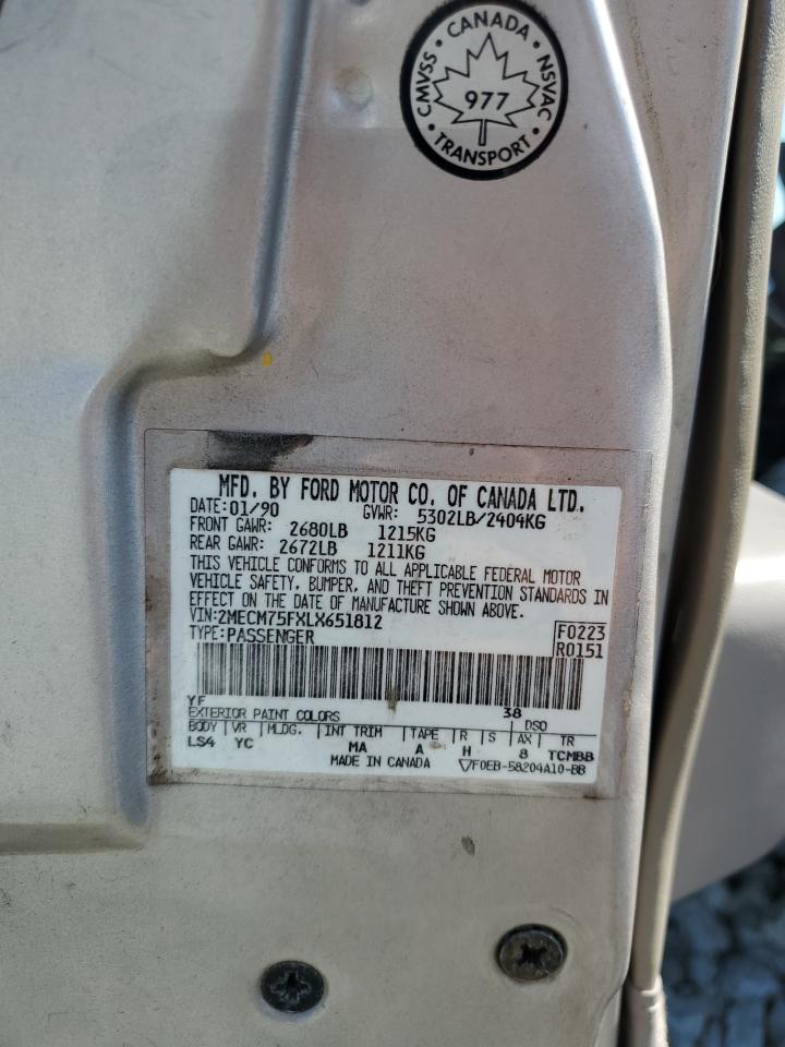 1990 Mercury Unk VIN: 2MECM75FXLX651812 Lot: 81373235