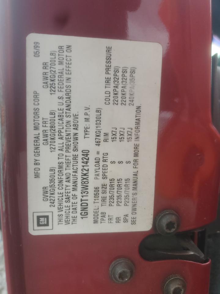 1999 Chevrolet Blazer VIN: 1GNDT13W8XK214240 Lot: 84738465