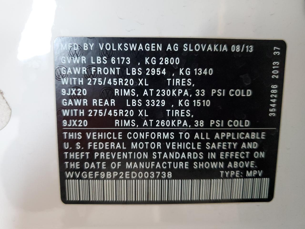 2014 Volkswagen Touareg V6 VIN: WVGEF9BP2ED003738 Lot: 81080785