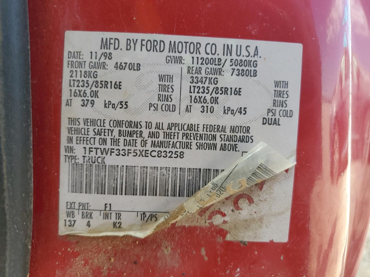 1999 Ford F350 Super Duty VIN: 1FTWF33F5XEC83258 Lot: 71419755