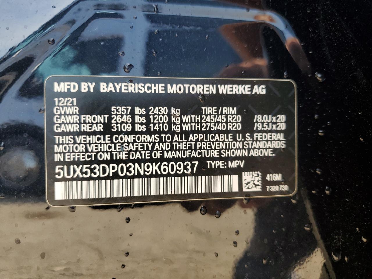 2022 BMW X3 xDrive30I VIN: 5UX53DP03N9K60937 Lot: 81098865