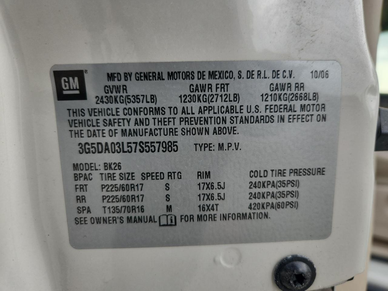 2007 Buick Rendezvous Cx VIN: 3G5DA03L57S557985 Lot: 80136085