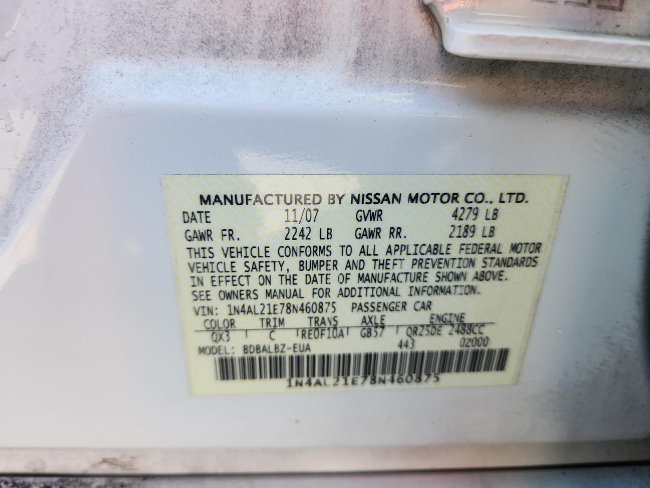 2008 Nissan Altima 2.5 VIN: 1N4AL21E78N460875 Lot: 83978705