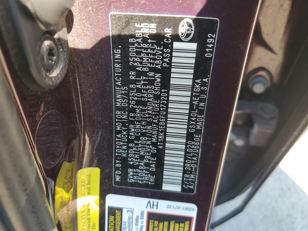 2015 Toyota Avalon Xle VIN: 4T1BK1EB6FU173201 Lot: 81194615