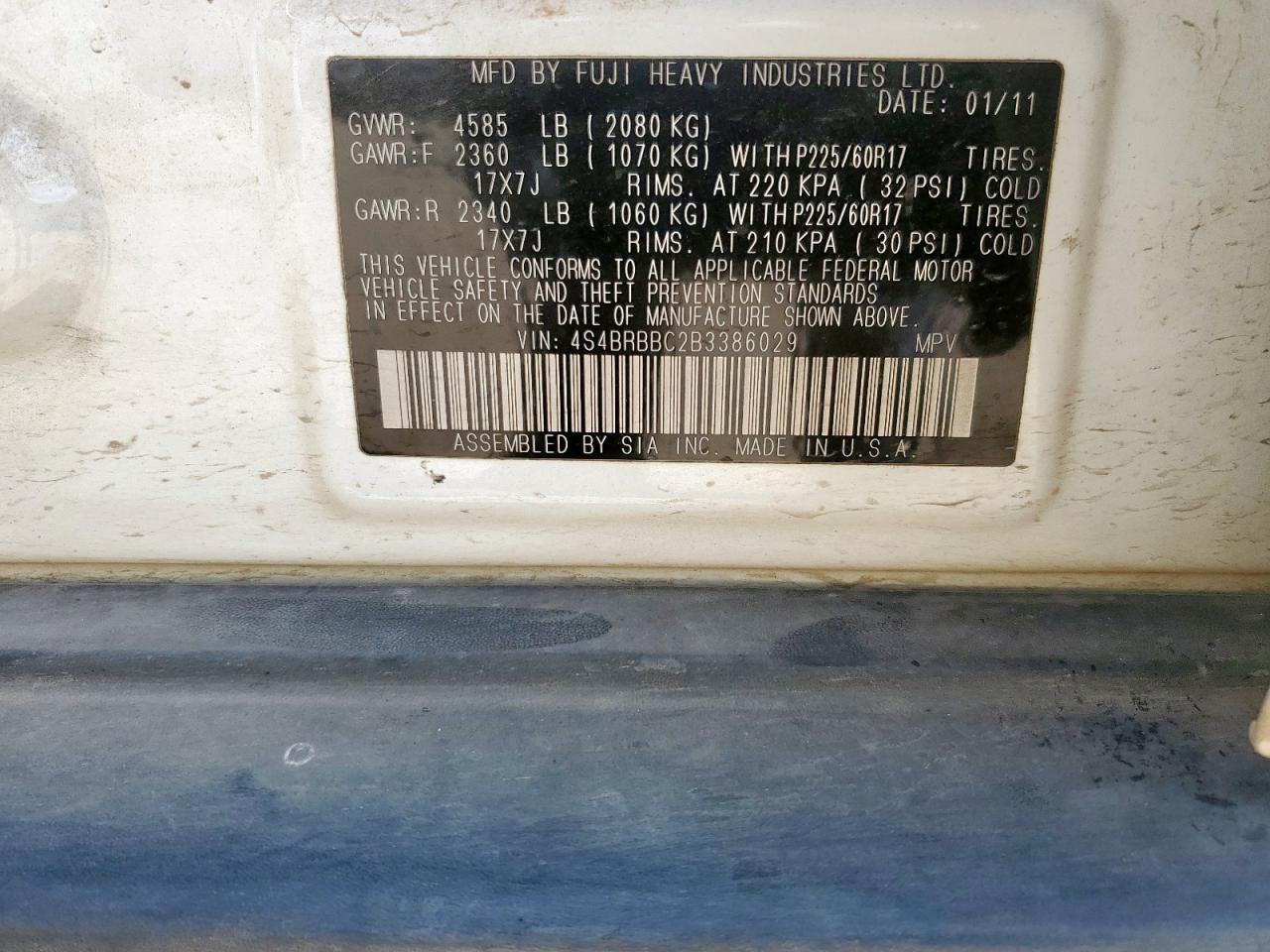 2011 Subaru Outback 2.5I Premium VIN: 4S4BRBBC2B3386029 Lot: 81941585