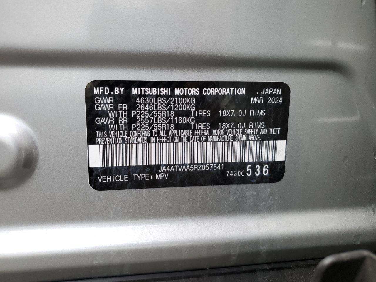 2024 Mitsubishi Eclipse Cross Le VIN: JA4ATVAA5RZ057541 Lot: 81133985