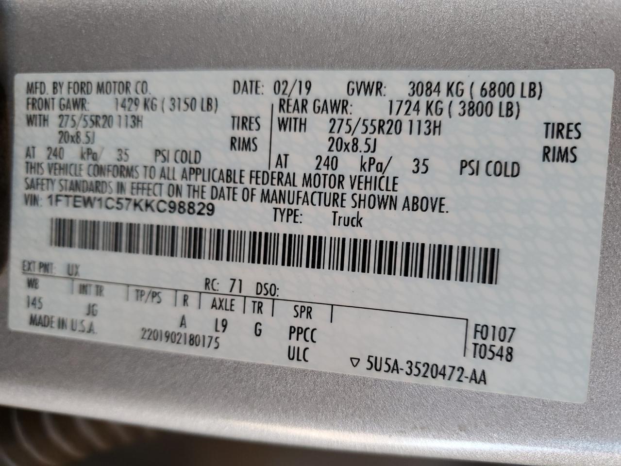 2019 Ford F150 Supercrew VIN: 1FTEW1C57KKC98829 Lot: 81634345