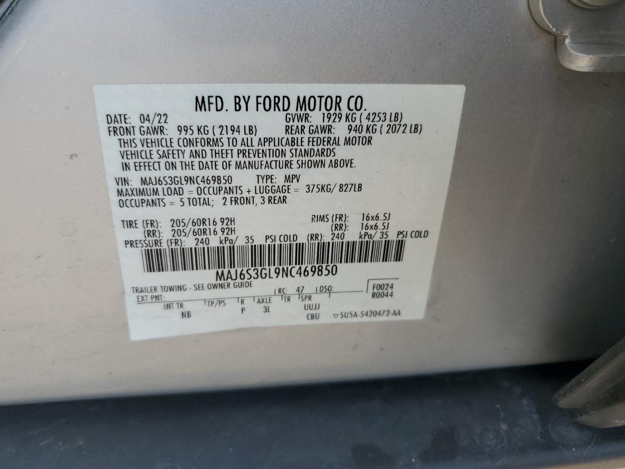 2022 Ford Ecosport Se VIN: MAJ6S3GL9NC469850 Lot: 84003495