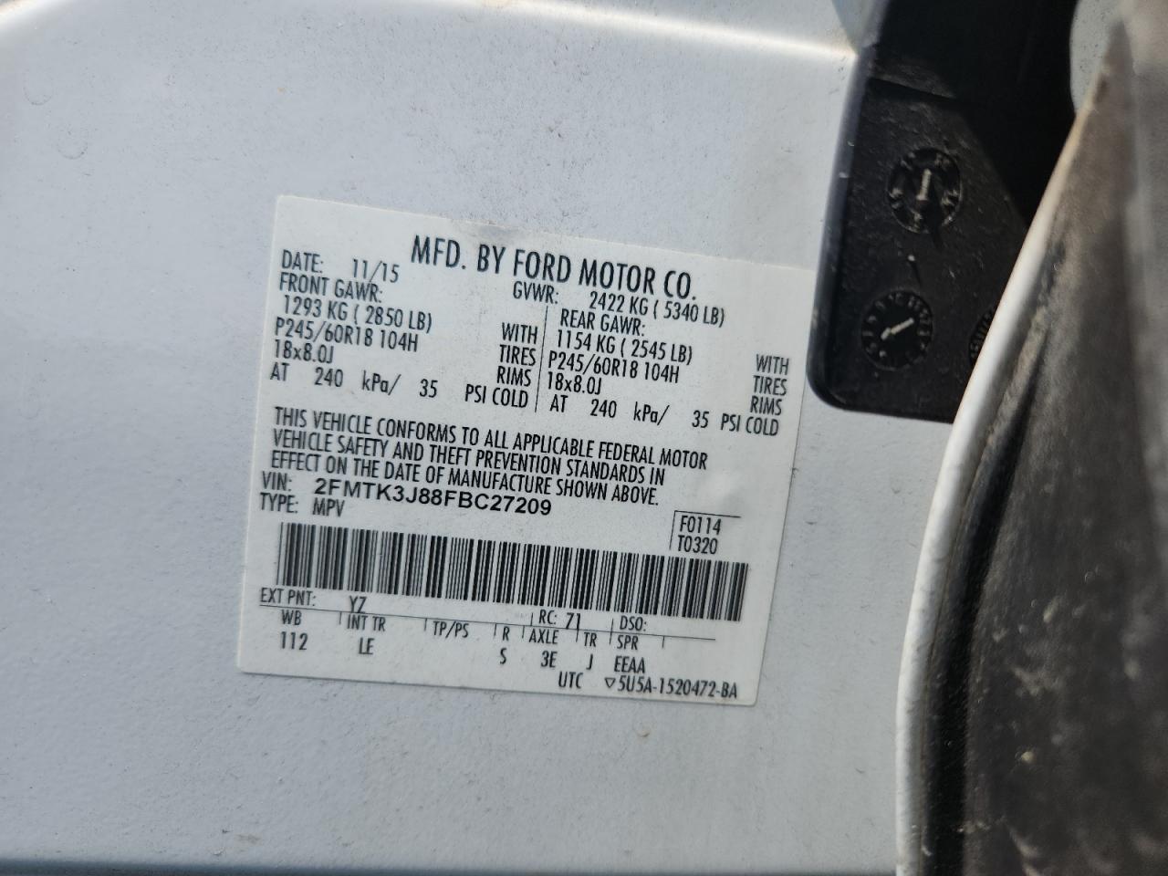 2015 Ford Edge Sel VIN: 2FMTK3J88FBC27209 Lot: 81396065