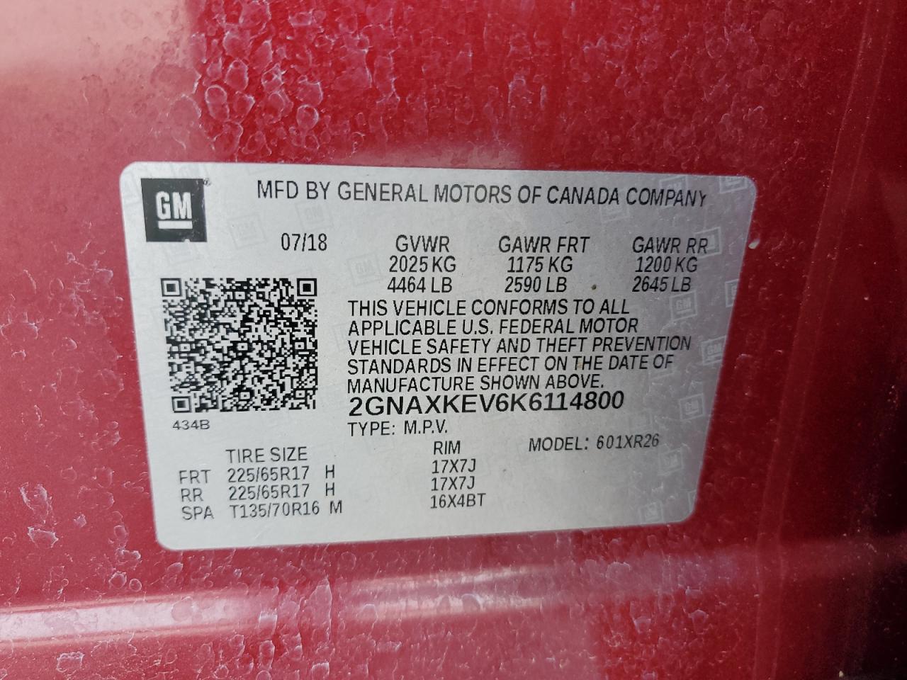 2019 Chevrolet Equinox Lt VIN: 2GNAXKEV6K6114800 Lot: 71969425