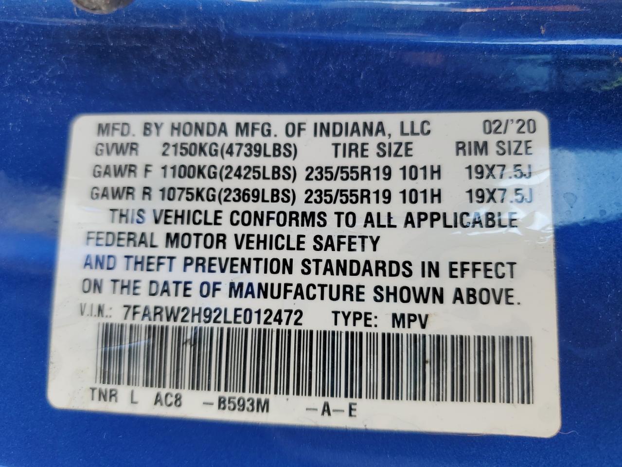 2020 Honda Cr-V Touring VIN: 7FARW2H92LE012472 Lot: 80740235