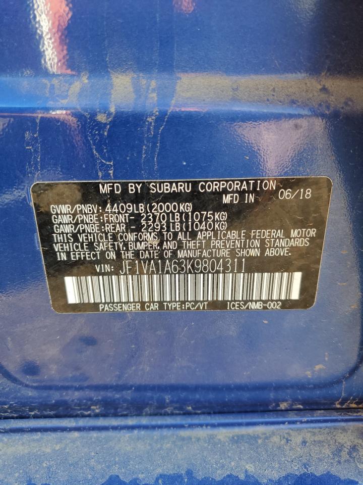 2019 Subaru Wrx VIN: JF1VA1A63K9804311 Lot: 80364685
