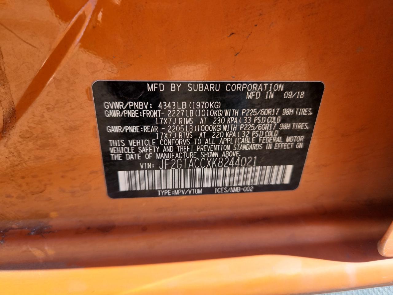 2019 Subaru Crosstrek Premium VIN: JF2GTACCXK8244021 Lot: 71822095